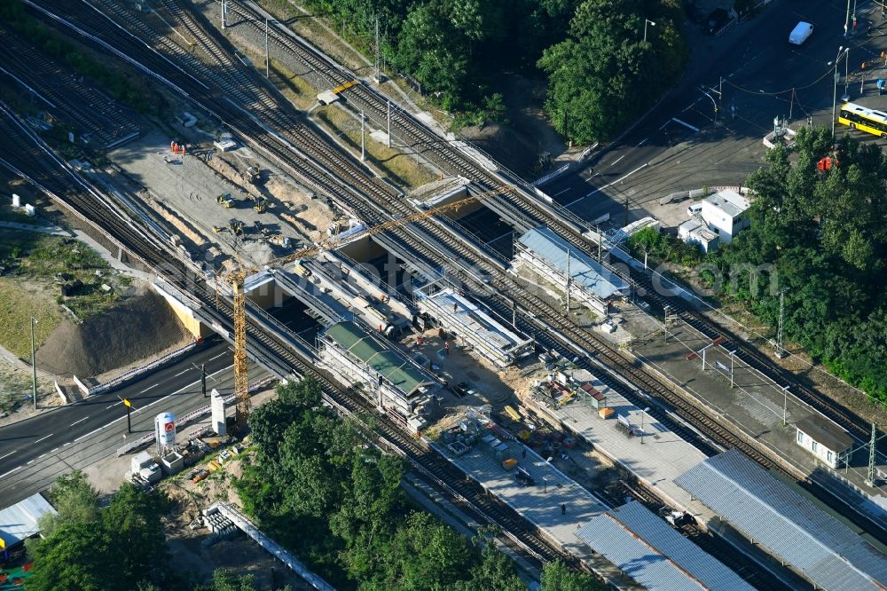 Aerial photograph Berlin - New construction of the bridge structure on Sterndonm on S- Bahnhof in the district Schoeneweide in Berlin, Germany