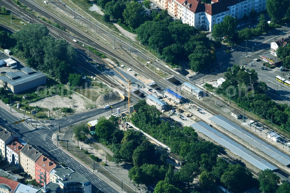 Berlin from above - New construction of the bridge structure on Sterndonm on S- Bahnhof in the district Schoeneweide in Berlin, Germany