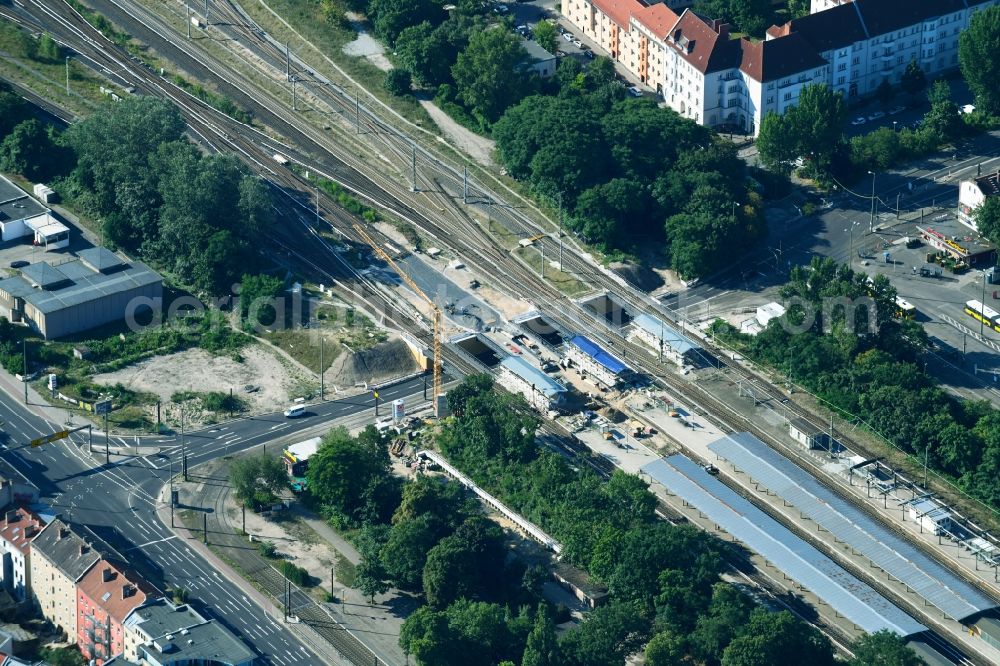 Aerial image Berlin - New construction of the bridge structure on Sterndonm on S- Bahnhof in the district Schoeneweide in Berlin, Germany