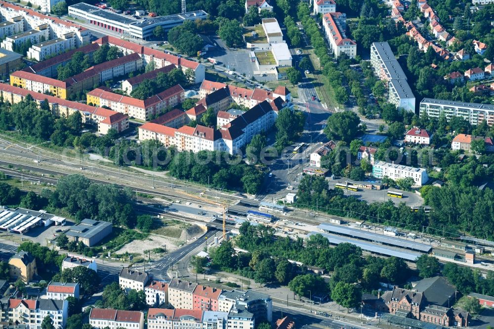 Berlin from above - New construction of the bridge structure on Sterndonm on S- Bahnhof in the district Schoeneweide in Berlin, Germany