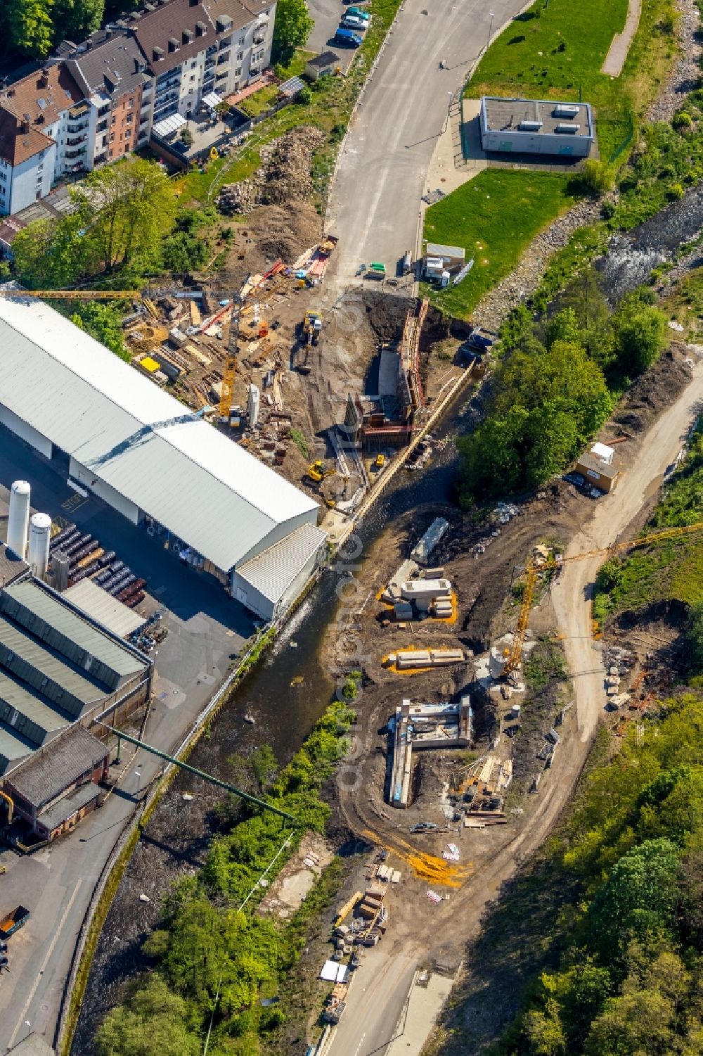 Aerial photograph Hagen - Construction site for the new construction of the bridge construction on the L 700 in Hagen in the federal state of North Rhine-Westphalia, Germany