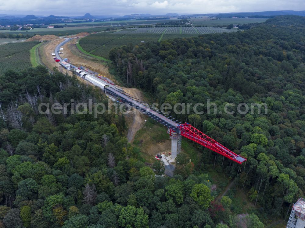 Pirna from the bird's eye view: Construction site for the new bridge structure Gottleuba Valley Bridge - also called Gottleuba Valley Bridge on the bypass along Rottwerndorfer Strasse in Pirna in the state of Saxony, Germany