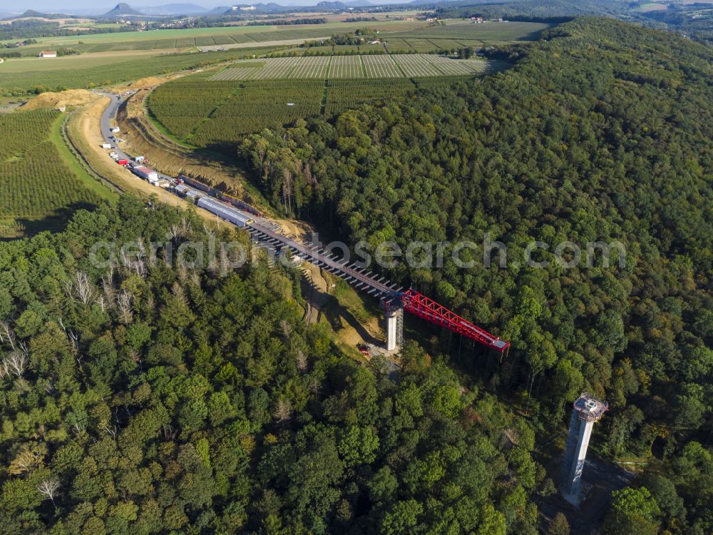 Aerial photograph Pirna - Construction site for the new bridge structure Gottleuba Valley Bridge - also called Gottleuba Valley Bridge on the bypass along Rottwerndorfer Strasse in Pirna in the state of Saxony, Germany