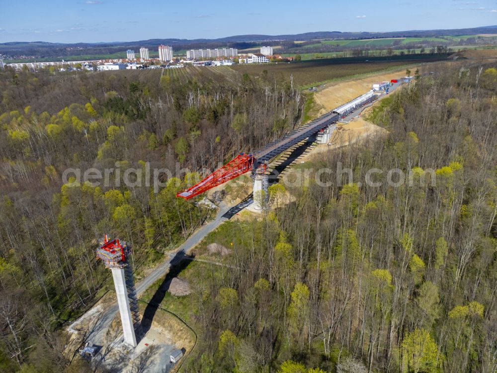 Pirna from above - Construction site for the new bridge structure Gottleuba Valley Bridge - also called Gottleuba Valley Bridge on the bypass along Rottwerndorfer Strasse in Pirna in the state of Saxony, Germany