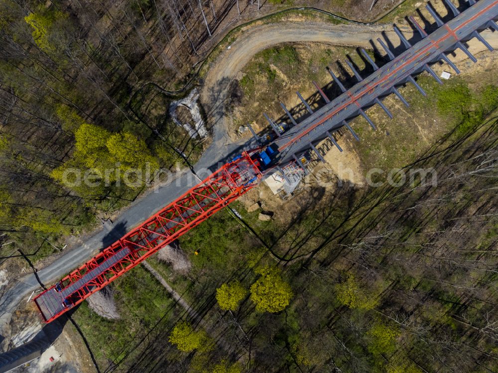 Pirna from the bird's eye view: Construction site for the new bridge structure Gottleuba Valley Bridge - also called Gottleuba Valley Bridge on the bypass along Rottwerndorfer Strasse in Pirna in the state of Saxony, Germany