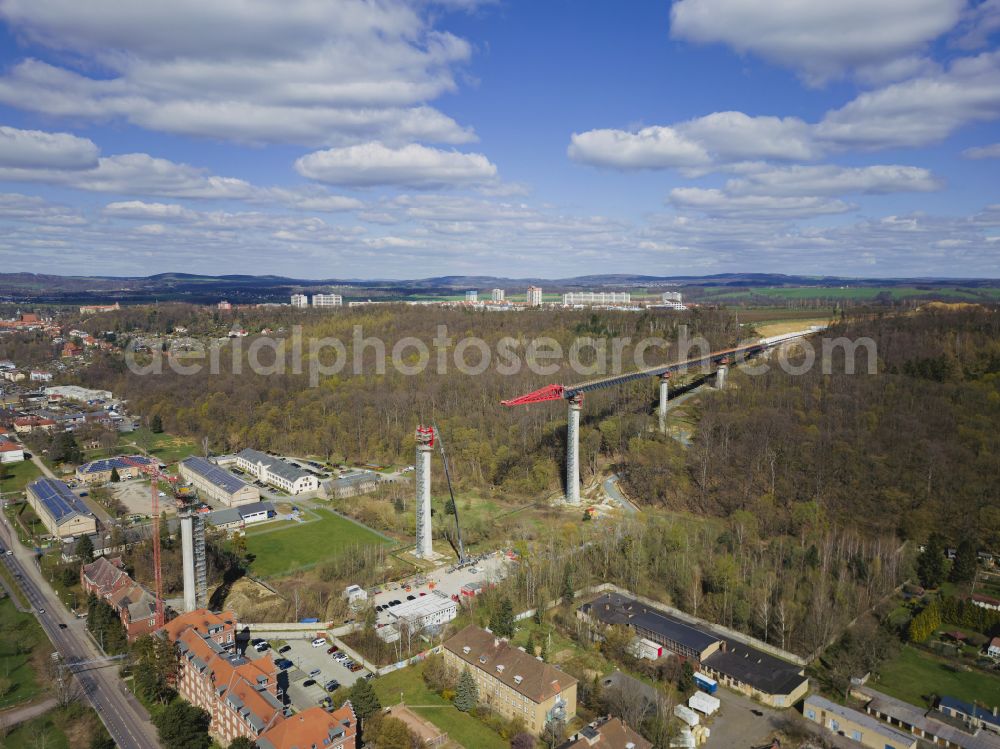 Aerial image Pirna - Construction site for the new bridge structure Gottleuba Valley Bridge - also called Gottleuba Valley Bridge on the bypass along Rottwerndorfer Strasse in Pirna in the state of Saxony, Germany