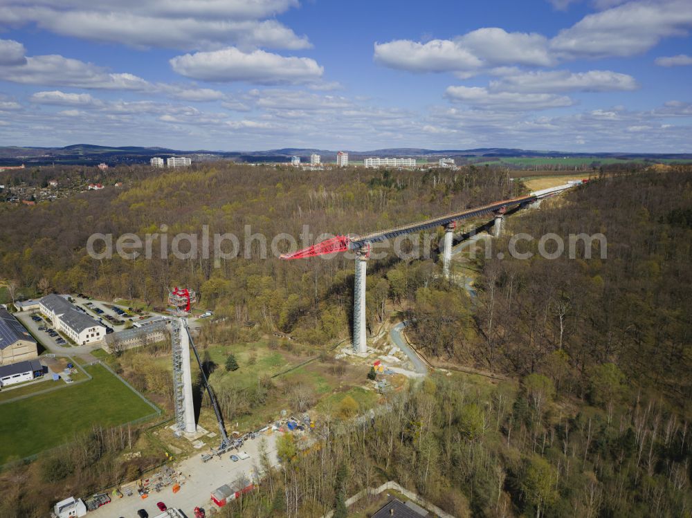 Aerial photograph Pirna - Construction site for the new bridge structure Gottleuba Valley Bridge - also called Gottleuba Valley Bridge on the bypass along Rottwerndorfer Strasse in Pirna in the state of Saxony, Germany