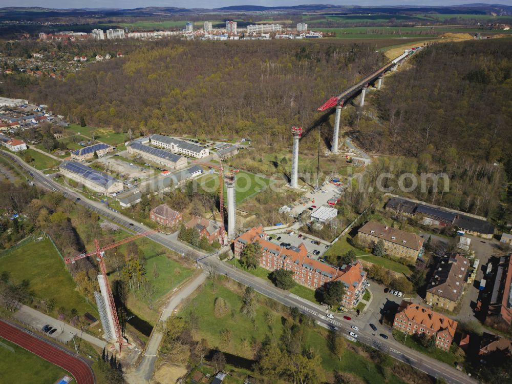 Pirna from above - Construction site for the new bridge structure Gottleuba Valley Bridge - also called Gottleuba Valley Bridge on the bypass along Rottwerndorfer Strasse in Pirna in the state of Saxony, Germany