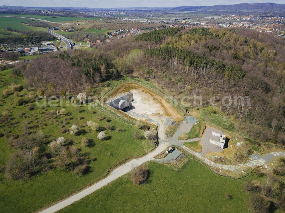 Pirna from the bird's eye view: Construction site for the new bridge structure Gottleuba Valley Bridge - also called Gottleuba Valley Bridge on the bypass along Rottwerndorfer Strasse in Pirna in the state of Saxony, Germany