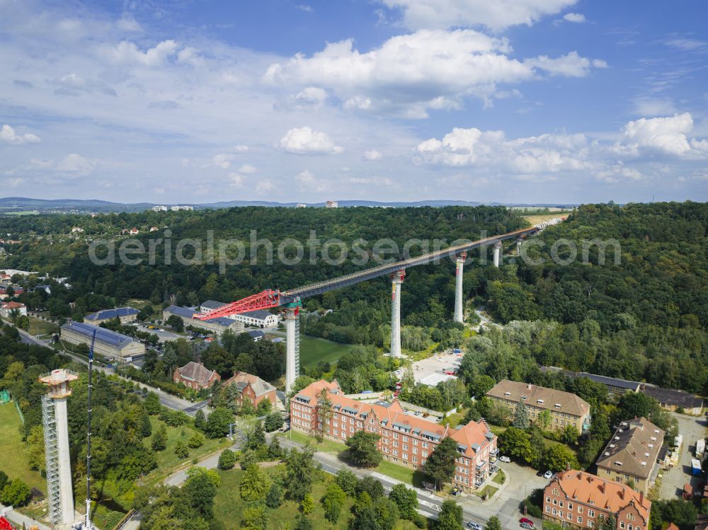 Pirna from above - Construction site for the new bridge structure Gottleuba Valley Bridge - also called Gottleuba Valley Bridge on the bypass along Rottwerndorfer Strasse in Pirna in the state of Saxony, Germany