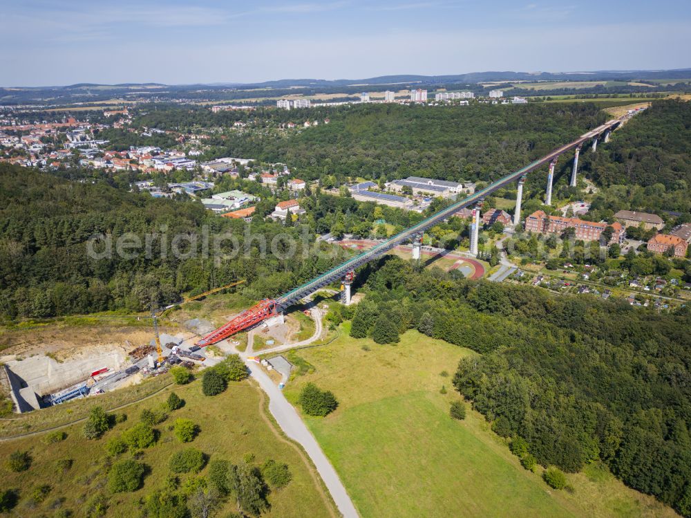 Aerial photograph Pirna - Construction site for the new bridge structure Gottleuba Valley Bridge - also called Gottleuba Valley Bridge on the bypass along Rottwerndorfer Strasse in Pirna in the state of Saxony, Germany