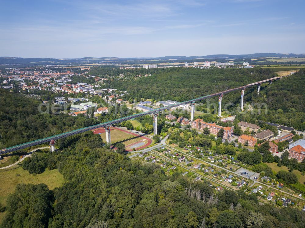 Pirna from above - Construction site for the new bridge structure Gottleuba Valley Bridge - also called Gottleuba Valley Bridge on the bypass along Rottwerndorfer Strasse in Pirna in the state of Saxony, Germany