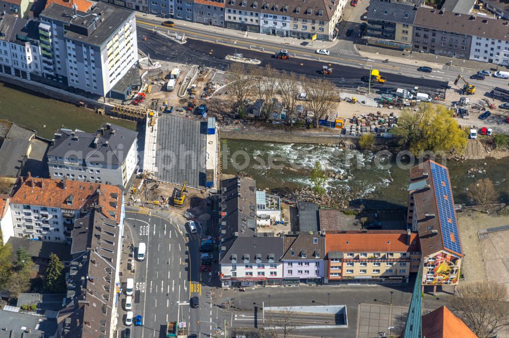 Aerial photograph Hagen - New construction of the bridge structure Volme Bruecke in Hagen at Ruhrgebiet in the state North Rhine-Westphalia, Germany