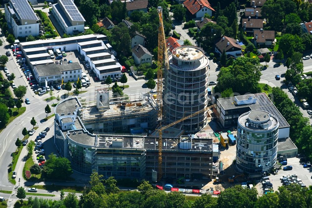 Ottobrunn from the bird's eye view: Construction site for the new building of an Office building - Ensemble Bueropark Ottobrunn on Haidgraben - Alte Landstrasse in Ottobrunn in the state Bavaria, Germany