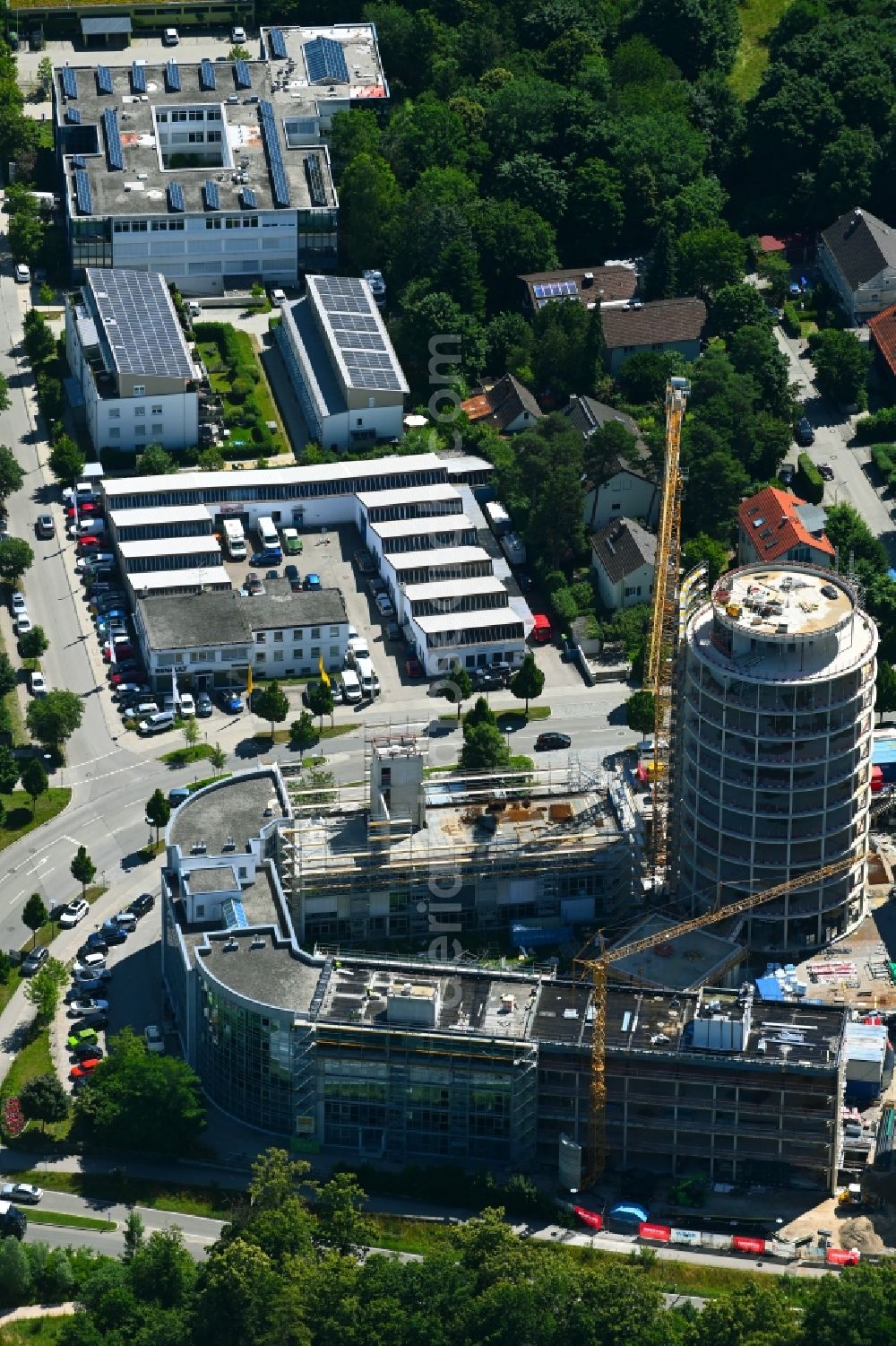 Aerial image Ottobrunn - Construction site for the new building of an Office building - Ensemble Bueropark Ottobrunn on Haidgraben - Alte Landstrasse in Ottobrunn in the state Bavaria, Germany