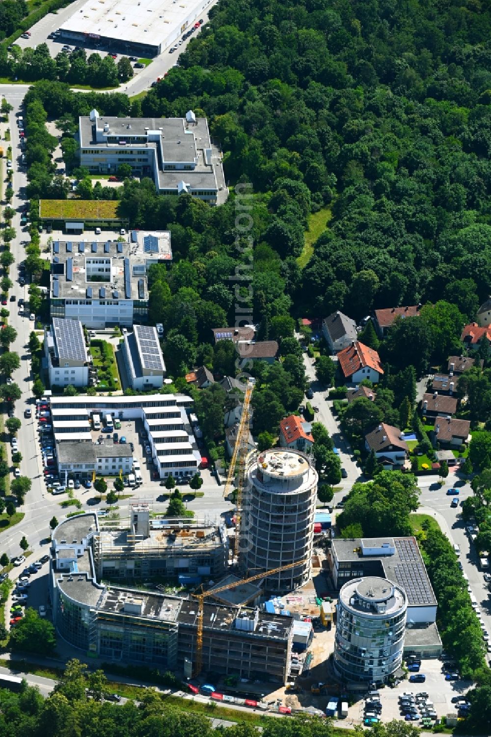 Aerial photograph Ottobrunn - Construction site for the new building of an Office building - Ensemble Bueropark Ottobrunn on Haidgraben - Alte Landstrasse in Ottobrunn in the state Bavaria, Germany