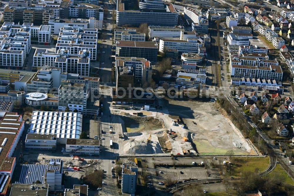 Stuttgart from the bird's eye view: Construction site for the new building of an Office building - Ensemble W2 CAMPUS Am Wallgraben - Schockenriedstrasse in the district Wallgraben-Ost in Stuttgart in the state Baden-Wuerttemberg, Germany