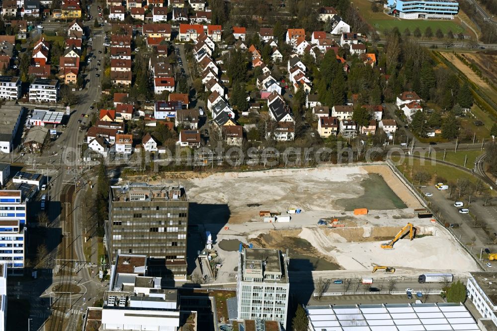 Stuttgart from above - Construction site for the new building of an Office building - Ensemble W2 CAMPUS Am Wallgraben - Schockenriedstrasse in the district Wallgraben-Ost in Stuttgart in the state Baden-Wuerttemberg, Germany