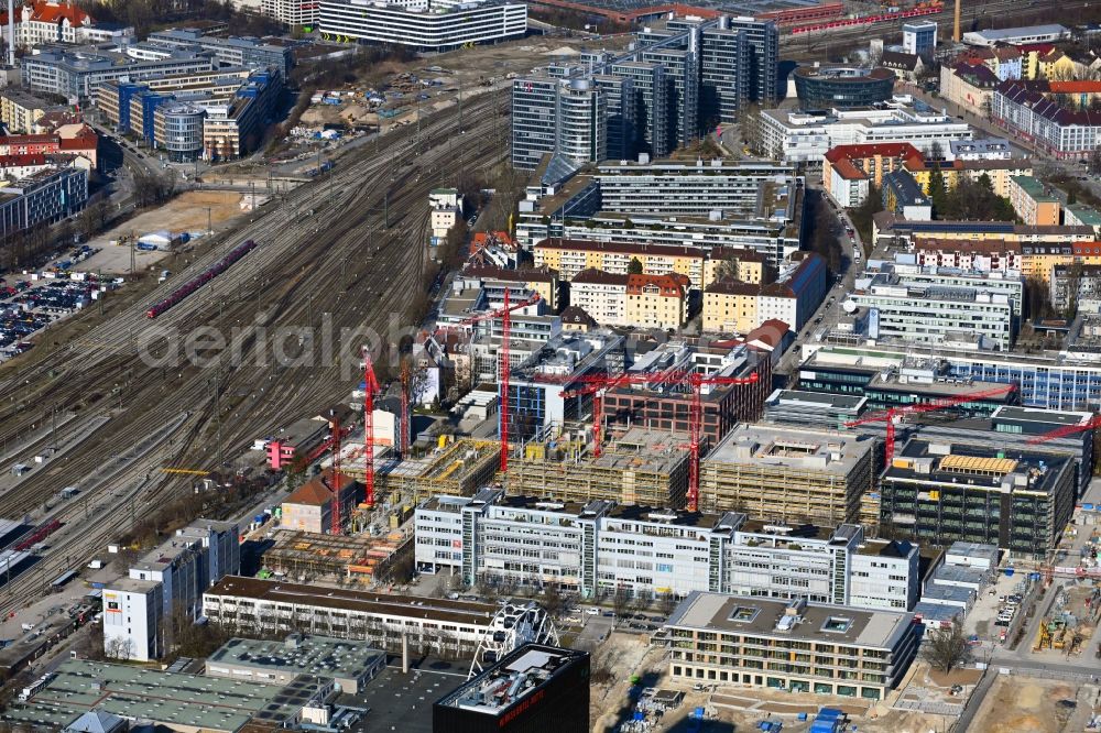 München from the bird's eye view: Construction site for the new building of an Office building - Ensemble of iCampus Rhenania on Friedenstrasse corner Muehldorfstrasse in the district Berg am Laim in Munich in the state Bavaria, Germany