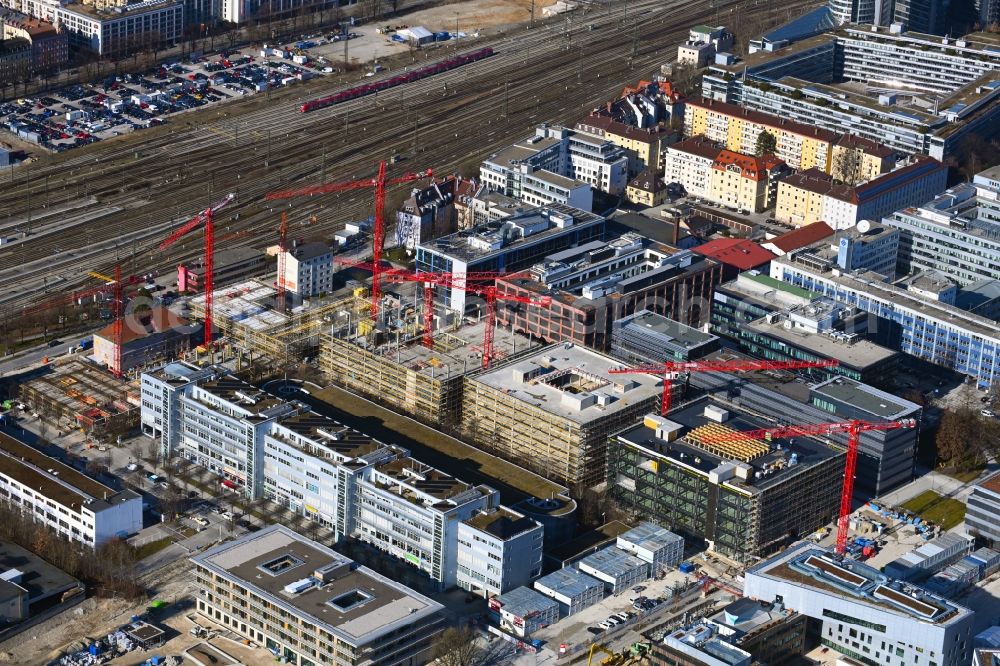 Aerial image München - Construction site for the new building of an Office building - Ensemble of iCampus Rhenania on Friedenstrasse corner Muehldorfstrasse in the district Berg am Laim in Munich in the state Bavaria, Germany