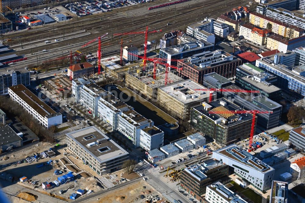 Aerial photograph München - Construction site for the new building of an Office building - Ensemble of iCampus Rhenania on Friedenstrasse corner Muehldorfstrasse in the district Berg am Laim in Munich in the state Bavaria, Germany