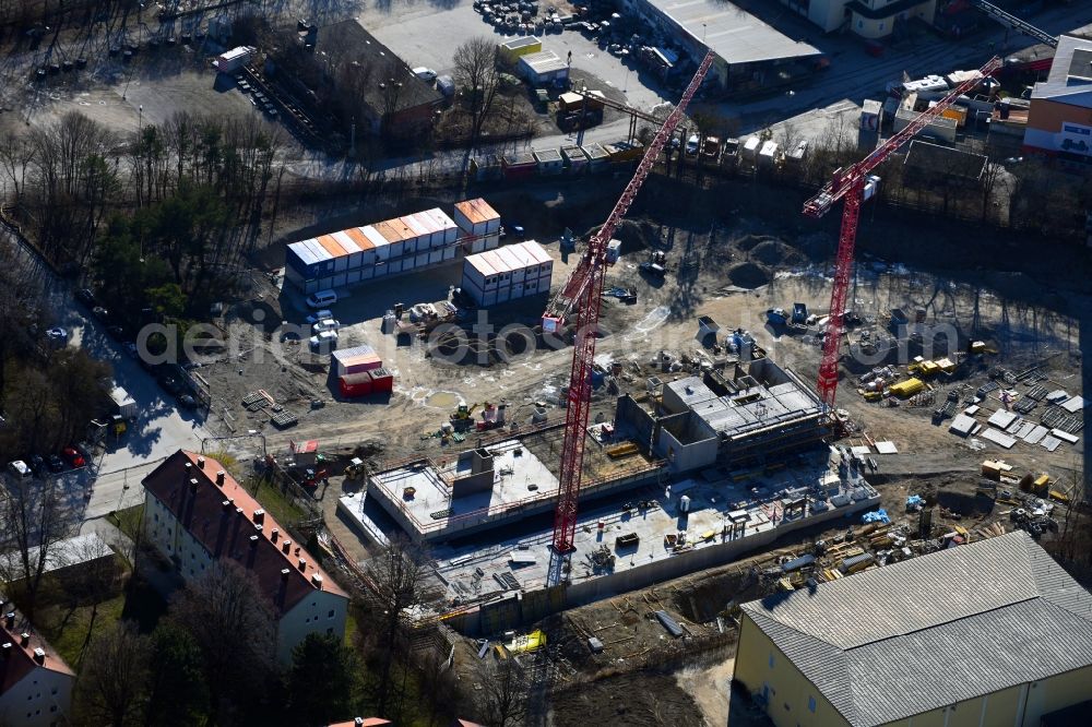 Aerial photograph München - Construction site for the new building of an Office building - Ensemble of iCampus Rhenania on Friedenstrasse corner Muehldorfstrasse in the district Berg am Laim in Munich in the state Bavaria, Germany