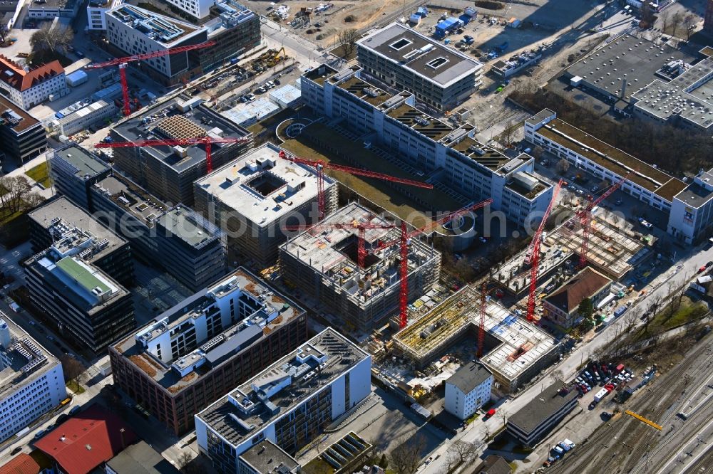 München from the bird's eye view: Construction site for the new building of an Office building - Ensemble of iCampus Rhenania on Friedenstrasse corner Muehldorfstrasse in the district Berg am Laim in Munich in the state Bavaria, Germany