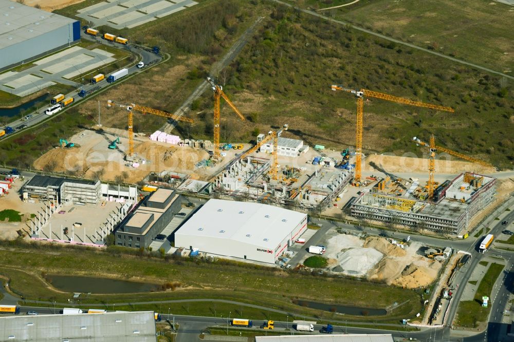 Aerial image Schönefeld - Construction site for the new building of an office building - ensemble on Mizarstrasse in Schoenefeld in the state Brandenburg, Germany