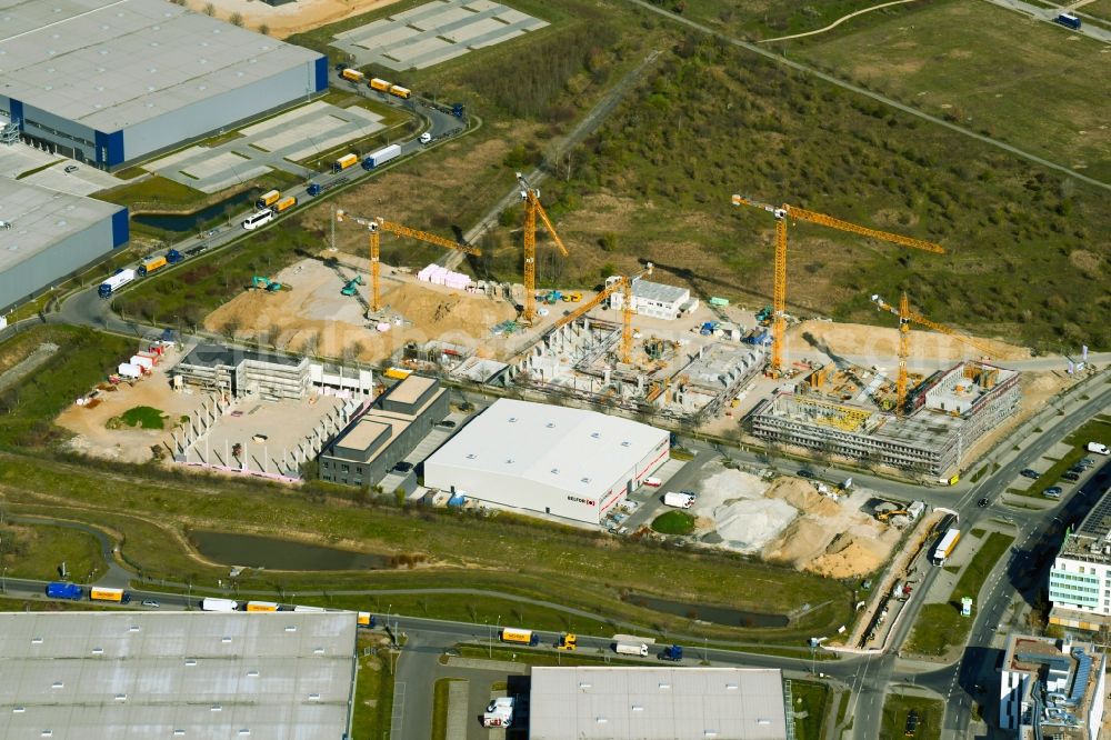 Schönefeld from above - Construction site for the new building of an office building - ensemble on Mizarstrasse in Schoenefeld in the state Brandenburg, Germany