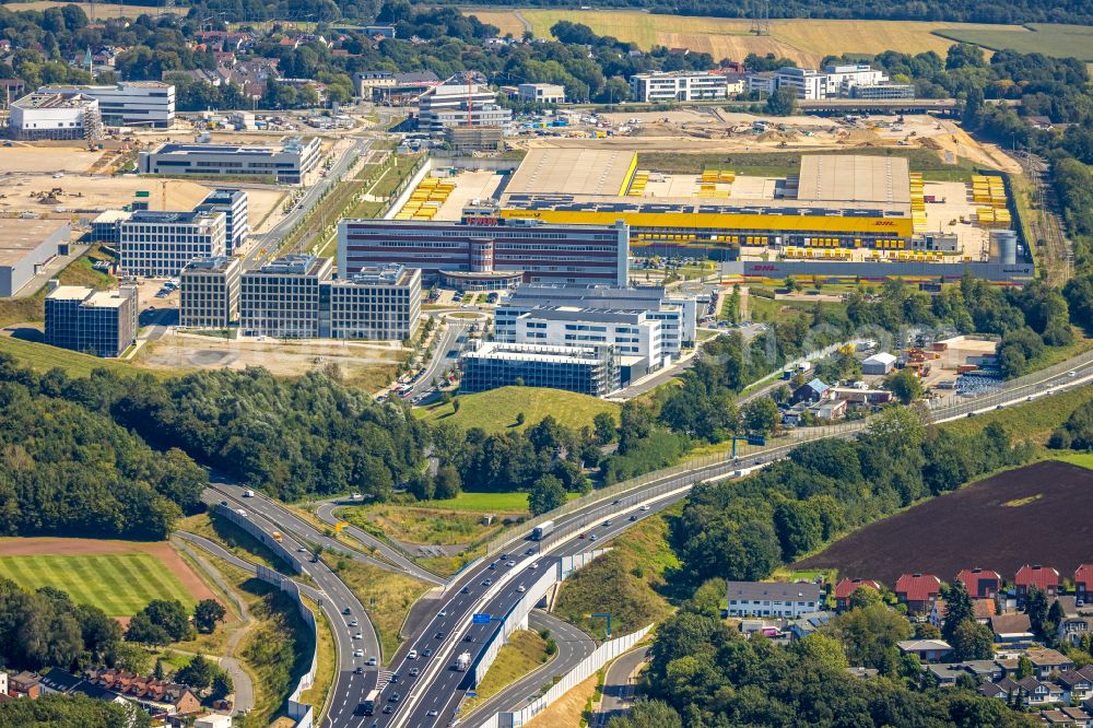 Aerial photograph Bochum - Construction site for the new building of an Office building - Ensemble O-Werk- Campus on street Suttner-Nobel-Allee in the district Laer in Bochum at Ruhrgebiet in the state North Rhine-Westphalia, Germany