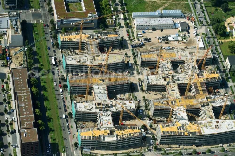 Berlin from the bird's eye view: Construction site to build a new office and commercial building Allianz Campus Berlin in the district Johannisthal - Adlershof in Berlin