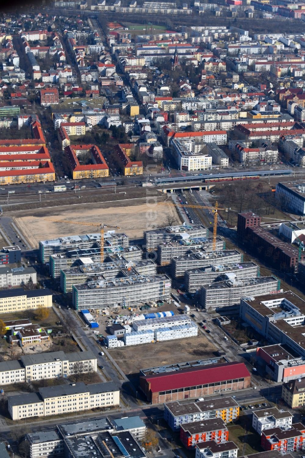 Berlin from the bird's eye view: Construction site to build a new office and commercial building Allianz Campus Berlin in the district Johannisthal - Adlershof in Berlin