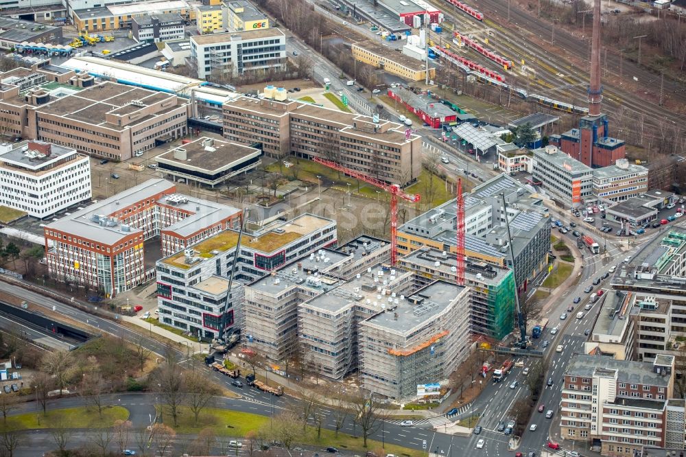 Aerial image Essen - Building site to the new building of an office house and business house of the enterprise group BITMARCK in the district of Holsterhausen in Friedrichstrasse in food in the federal state North Rhine-Westphalia