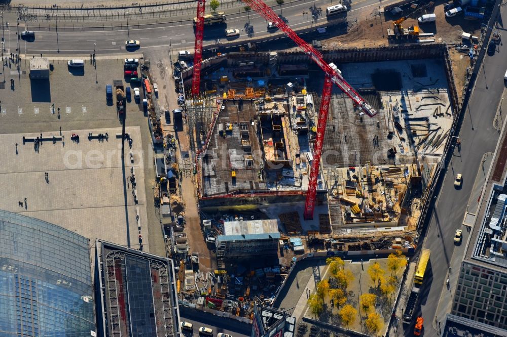 Berlin from the bird's eye view: Construction site to build a new office and commercial building cube berlin on Washingtonplatz - Rahel-Hirsch-Strasse in Berlin, Germany