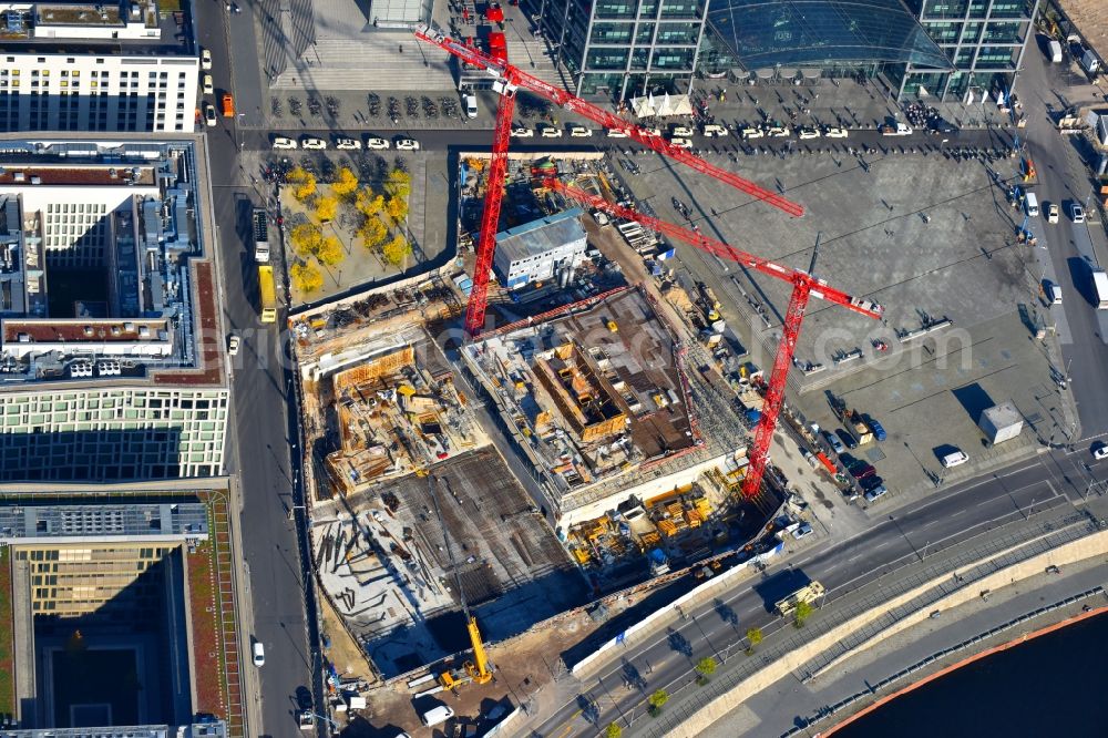 Aerial image Berlin - Construction site to build a new office and commercial building cube berlin on Washingtonplatz - Rahel-Hirsch-Strasse in Berlin, Germany