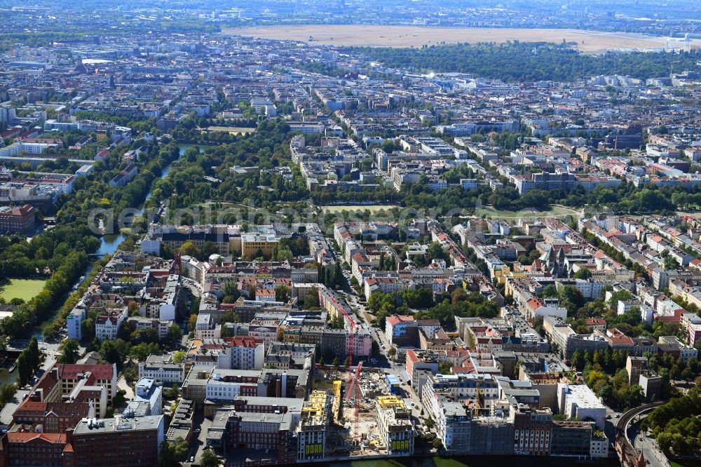 Berlin from above - Construction site to build a new office and commercial building CUVRY CAMPUS on Cuvrystrasse - Schlesische Strasse in the district Kreuzberg in Berlin, Germany