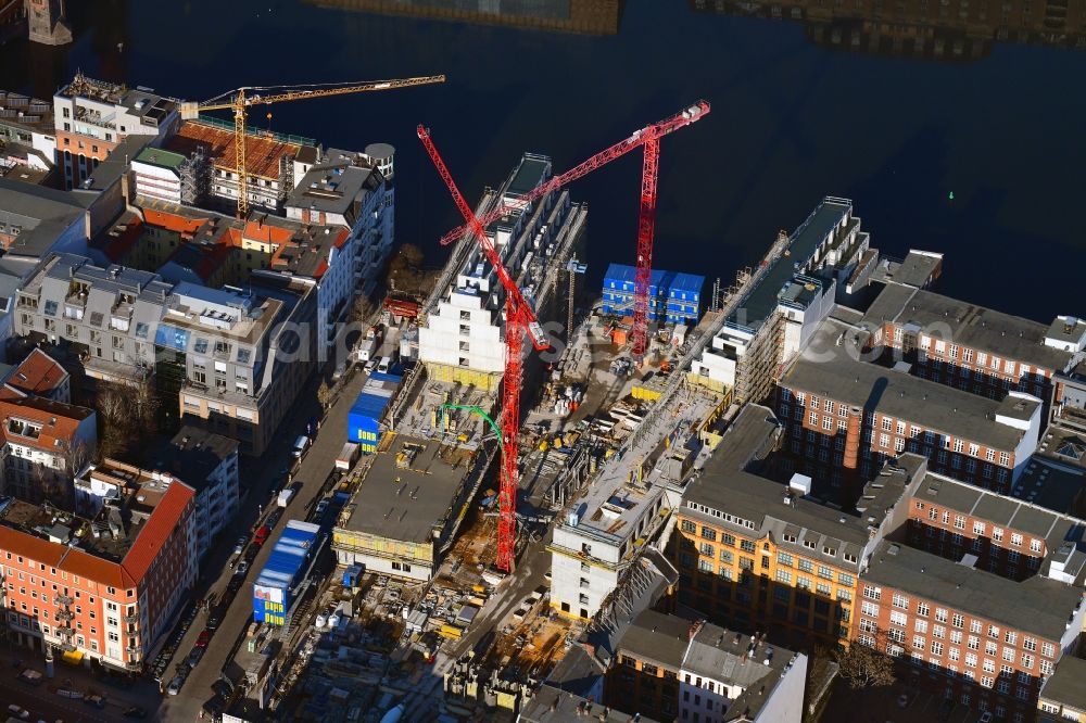 Aerial image Berlin - Construction site to build a new office and commercial building CUVRY CAMPUS on Cuvrystrasse - Schlesische Strasse in the district Kreuzberg in Berlin, Germany