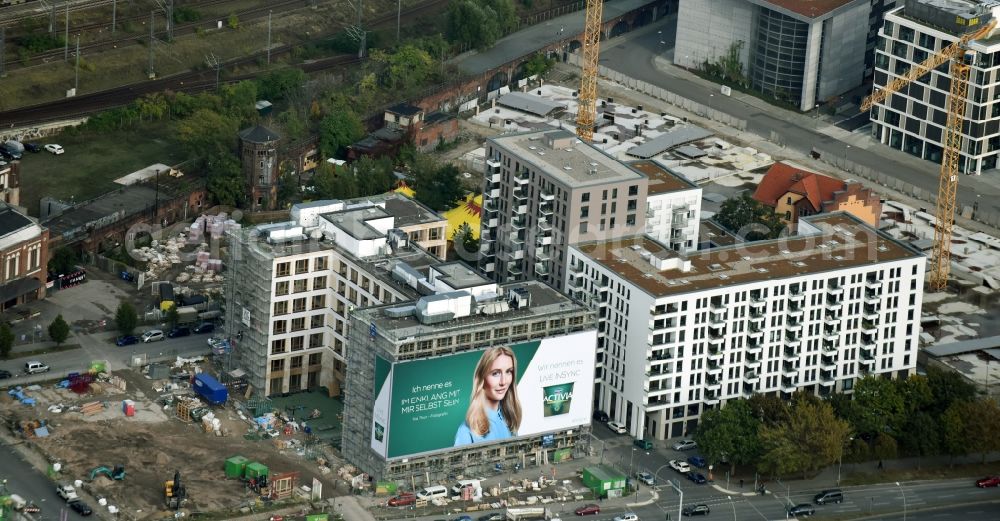 Aerial image Berlin - Construction site to build a new office and commercial building durch die BAM Deutschland AG an der Muehlenstrasse - Am Postbahnhof destrict Friedrichshain in Berlin