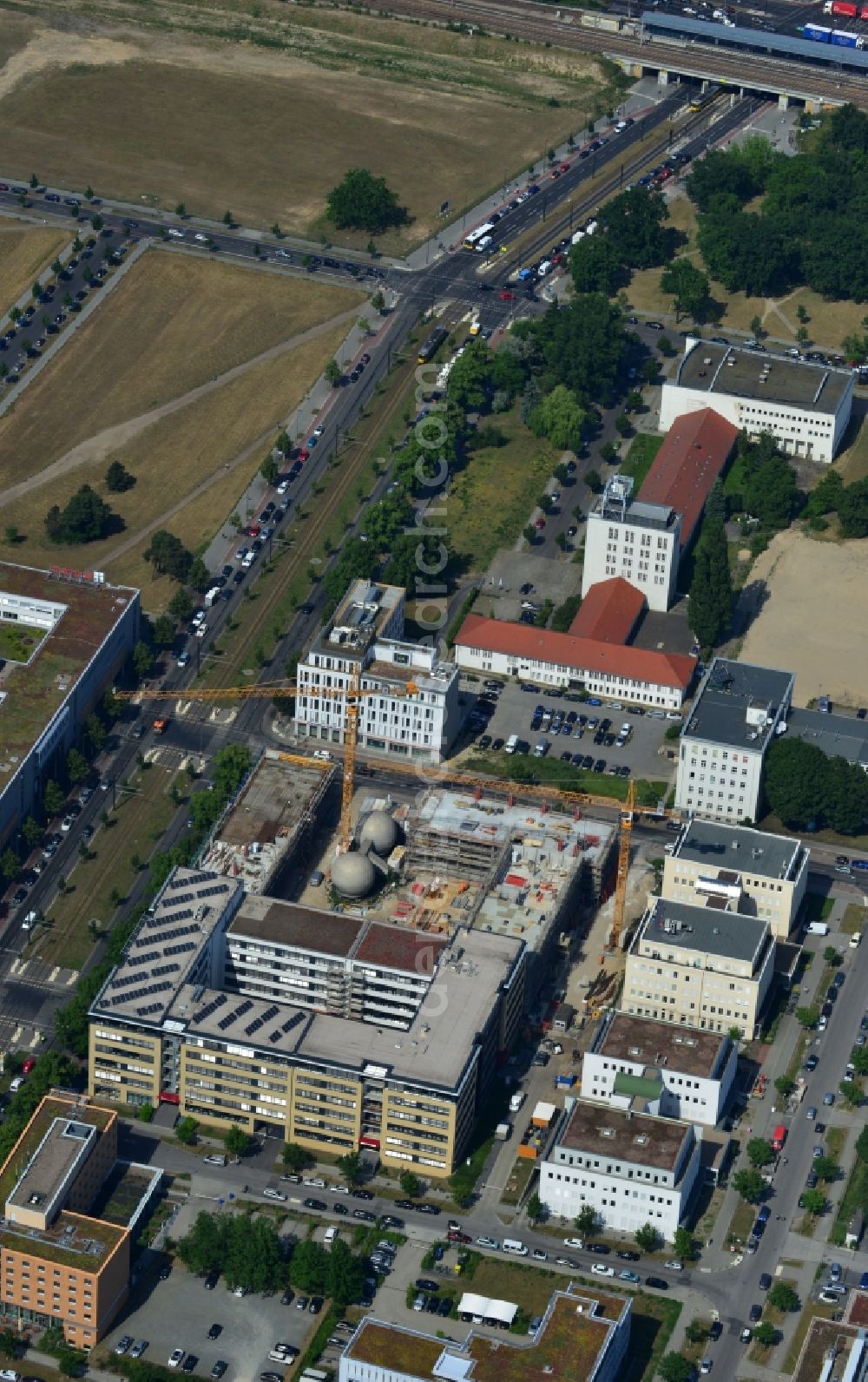 Aerial image Berlin OT Adlershof - Construction site for new office and retail building EUROPA-CENTER III at Rudow Chaussee in Berlin - Adlershof