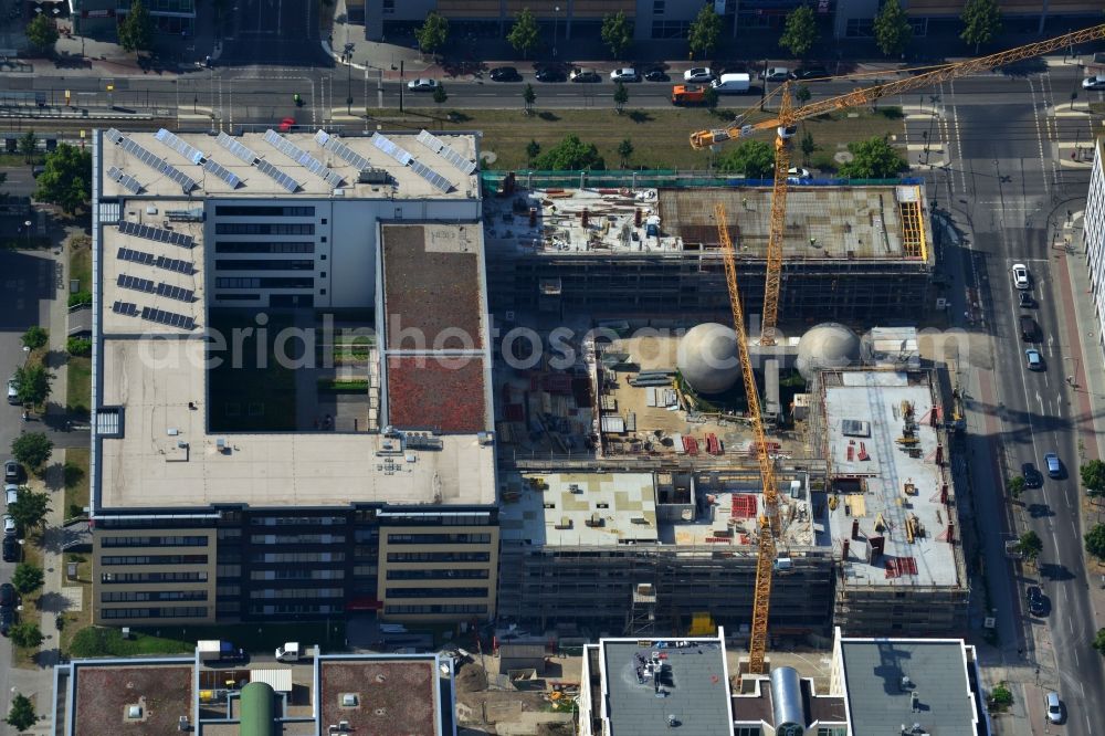 Berlin OT Adlershof from above - Construction site for new office and retail building EUROPA-CENTER III at Rudow Chaussee in Berlin - Adlershof