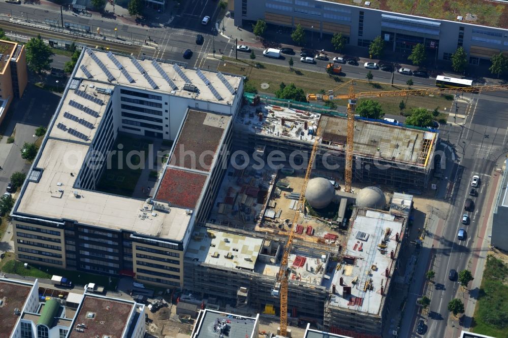 Berlin OT Adlershof from the bird's eye view: Construction site for new office and retail building EUROPA-CENTER III at Rudow Chaussee in Berlin - Adlershof