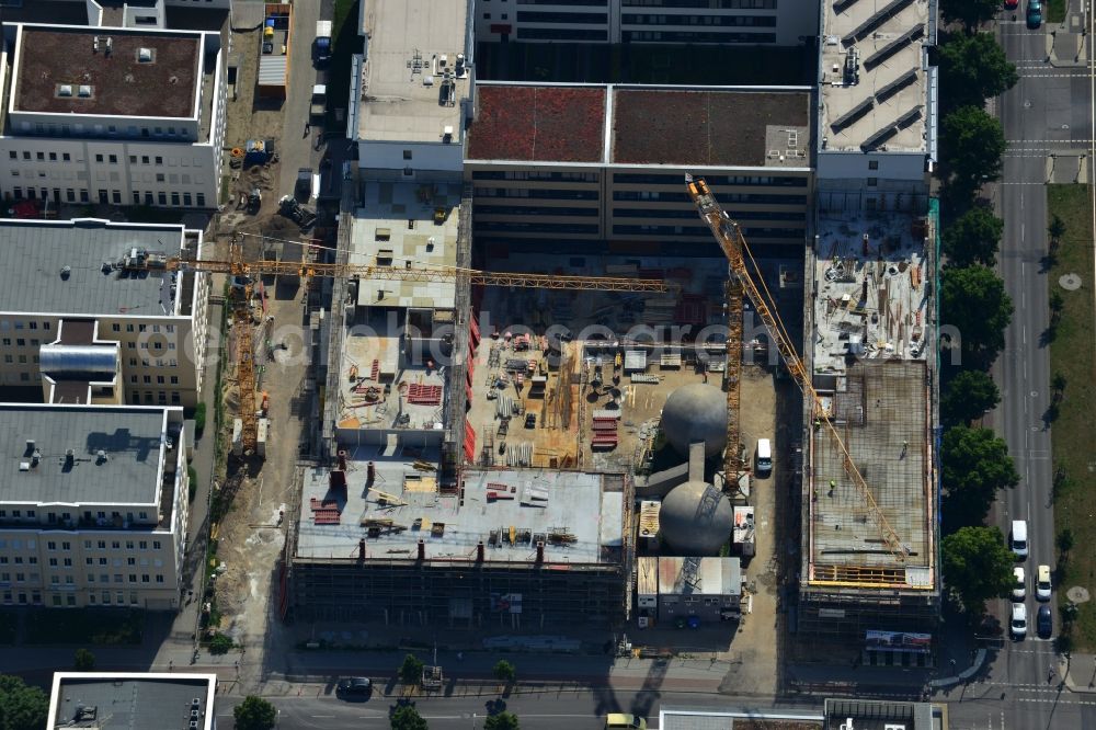 Aerial image Berlin OT Adlershof - Construction site for new office and retail building EUROPA-CENTER III at Rudow Chaussee in Berlin - Adlershof