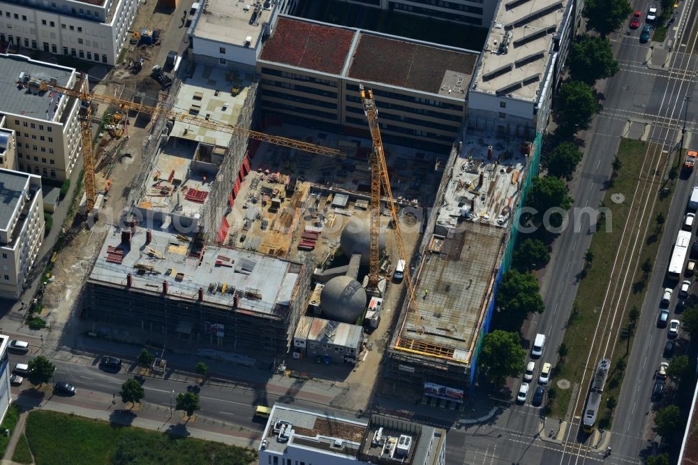 Aerial photograph Berlin OT Adlershof - Construction site for new office and retail building EUROPA-CENTER III at Rudow Chaussee in Berlin - Adlershof