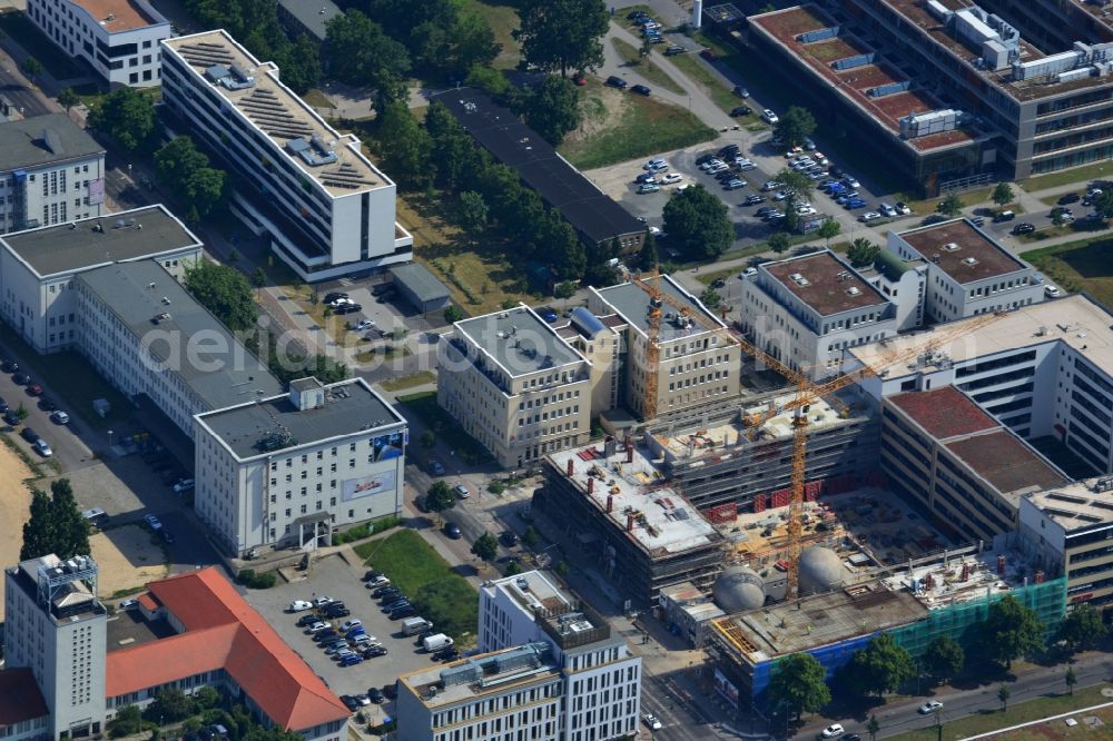 Berlin OT Adlershof from the bird's eye view: Construction site for new office and retail building EUROPA-CENTER III at Rudow Chaussee in Berlin - Adlershof