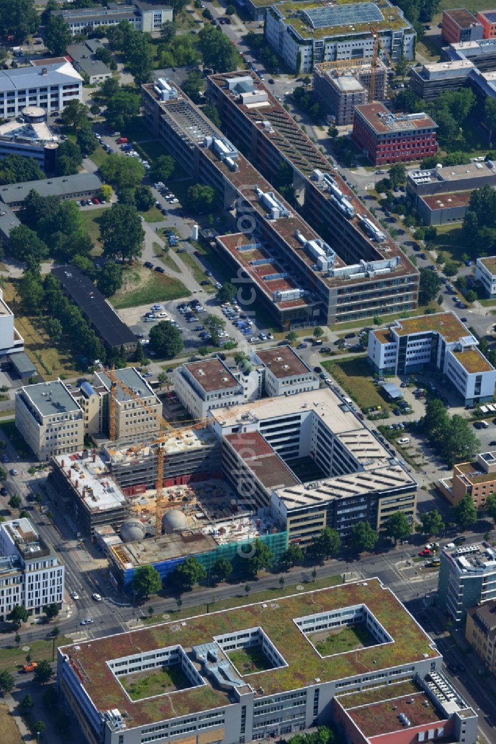 Aerial photograph Berlin OT Adlershof - Construction site for new office and retail building EUROPA-CENTER III at Rudow Chaussee in Berlin - Adlershof