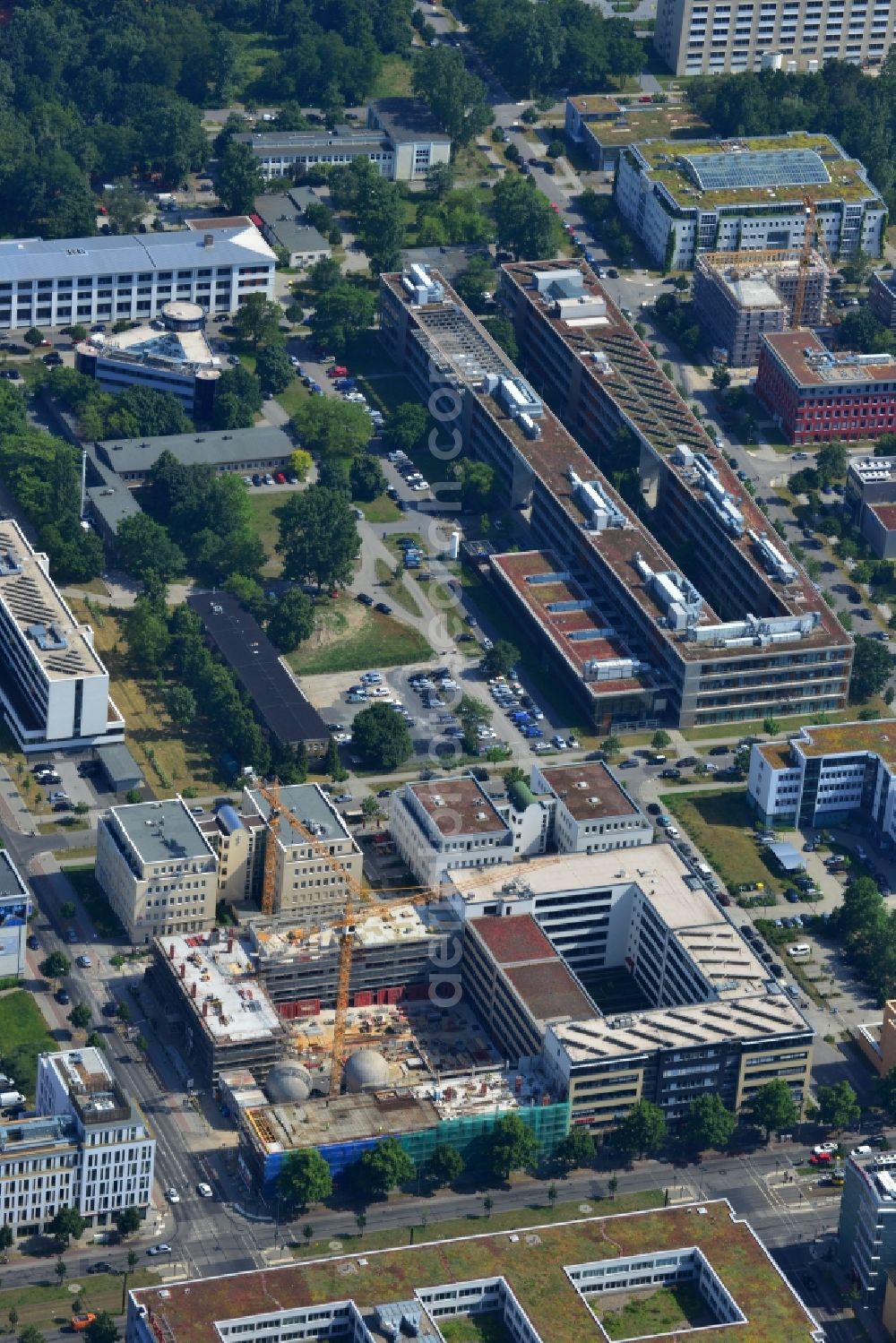 Berlin OT Adlershof from above - Construction site for new office and retail building EUROPA-CENTER III at Rudow Chaussee in Berlin - Adlershof