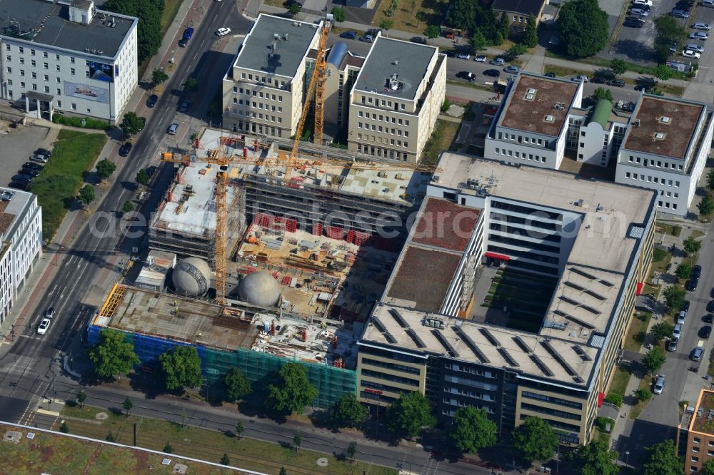 Berlin OT Adlershof from the bird's eye view: Construction site for new office and retail building EUROPA-CENTER III at Rudow Chaussee in Berlin - Adlershof