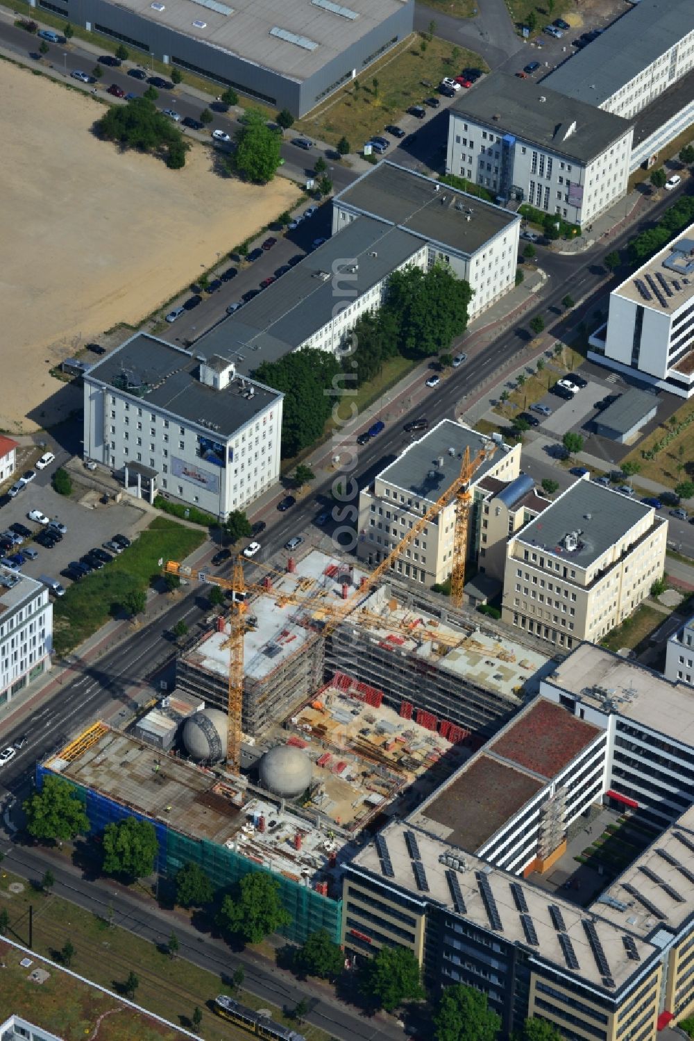 Aerial image Berlin OT Adlershof - Construction site for new office and retail building EUROPA-CENTER III at Rudow Chaussee in Berlin - Adlershof