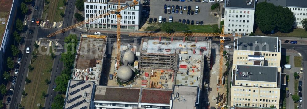 Aerial photograph Berlin OT Adlershof - Construction site for new office and retail building EUROPA-CENTER III at Rudow Chaussee in Berlin - Adlershof