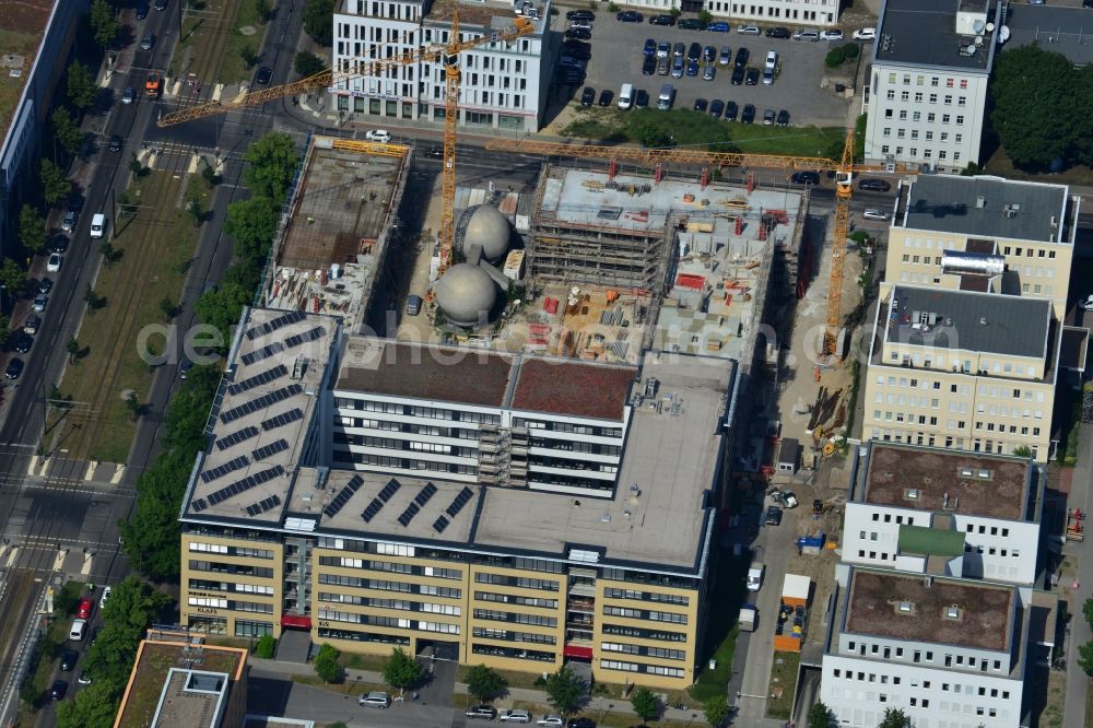 Berlin OT Adlershof from above - Construction site for new office and retail building EUROPA-CENTER III at Rudow Chaussee in Berlin - Adlershof